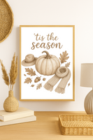 Neutral Tis the Season Wall Art – Fall Pumpkin Print with Cozy Scarf, Hat & Autumn Leaves