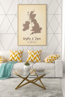 Couples United Kingdom Map with Special Dates & Heart Personalised Wall Decor Print with 10 New Styles
