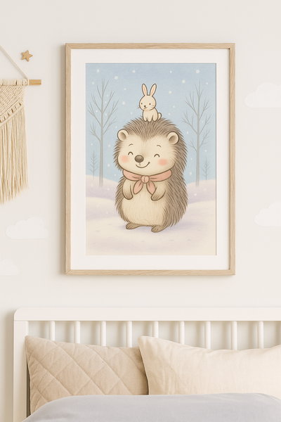 Cute Hedgehog & Bunny Nursery Wall Art Print – Kids Animal Bedroom Decor