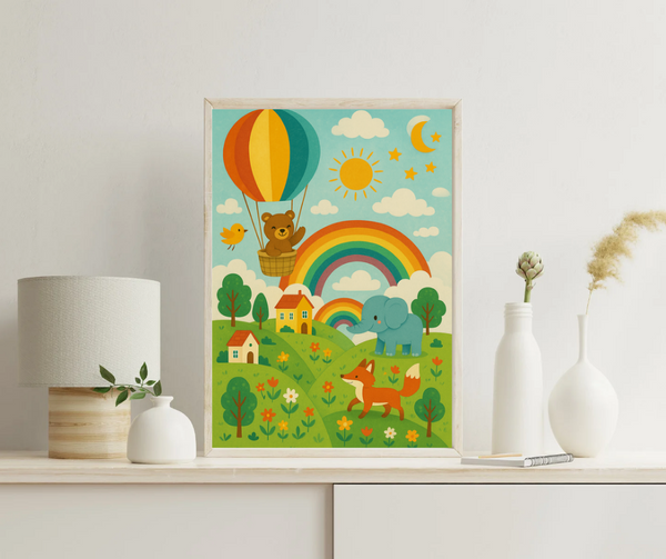 Whimsical Rainbow & Animal Nursery Wall Art | Cute Hot Air Balloon Bear, Fox & Elephant Print for Kids' Room | Unisex Playroom Decor Poster
